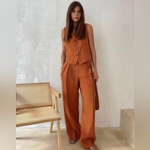Orange commense linen cotton pant and vest set